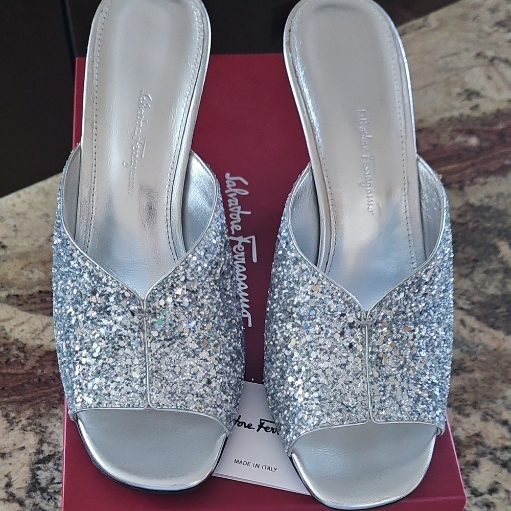 Salvatore Ferragamo Silver Glitter Heels - Picture 6 of 7